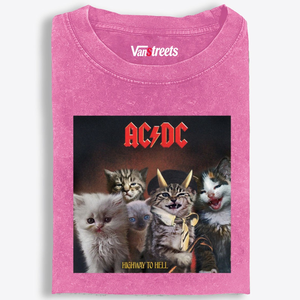 AC/DC: Highway to Meow Retro Washed T-Shirt | 100% Cotton | Streetwear Essential
