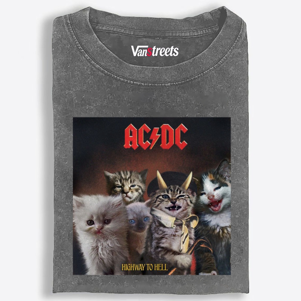 AC/DC: Highway to Meow Retro Washed T-Shirt | 100% Cotton | Streetwear Essential
