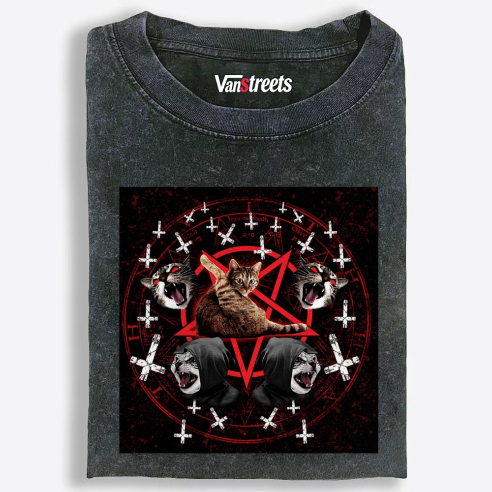 Hail Meow Satan Retro Washed T-Shirt | 100% Cotton | Streetwear Essential