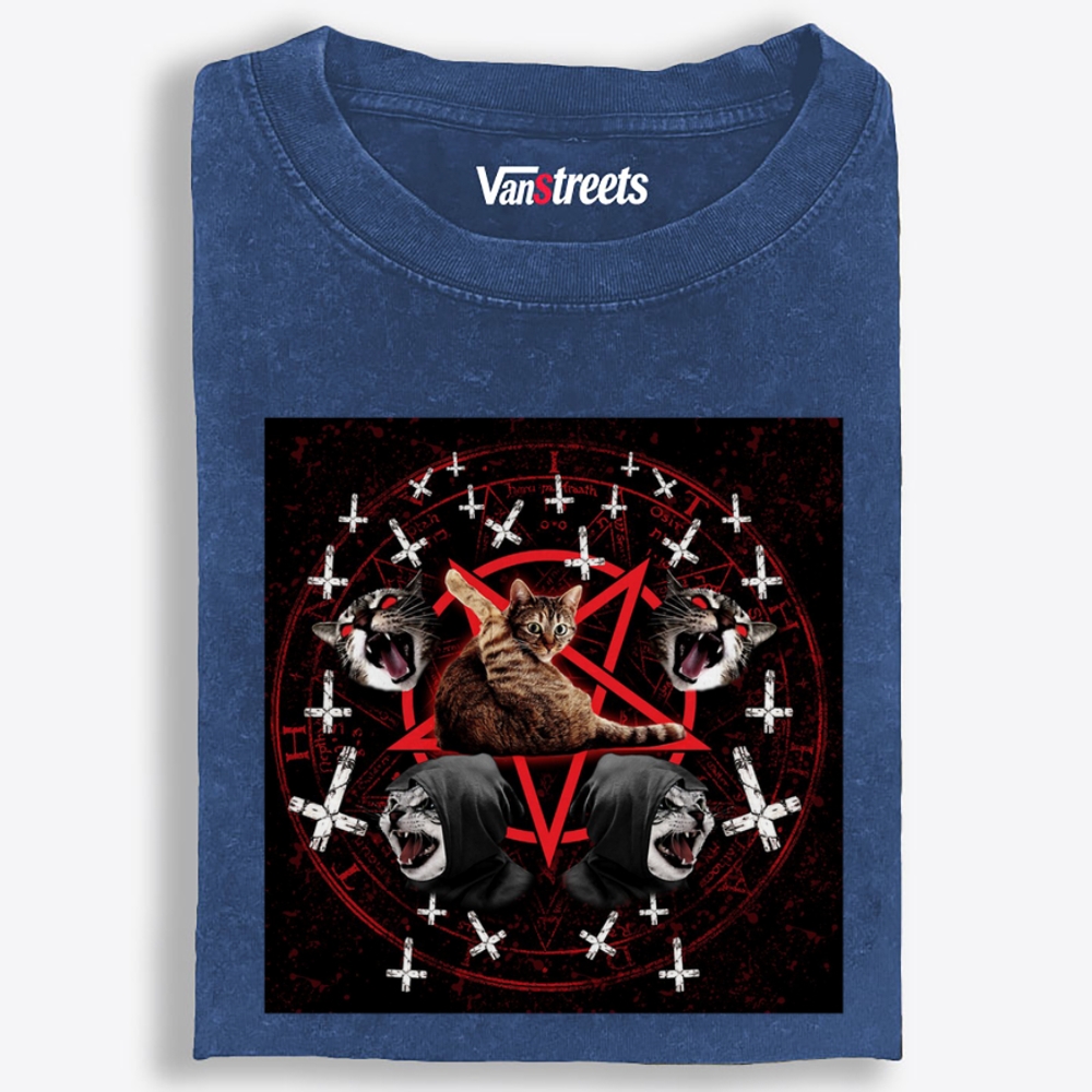 Hail Meow Satan Retro Washed T-Shirt | 100% Cotton | Streetwear Essential