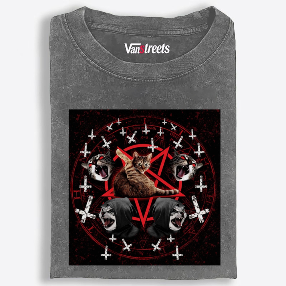 Hail Meow Satan Retro Washed T-Shirt | 100% Cotton | Streetwear Essential