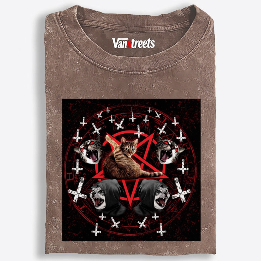 Hail Meow Satan Retro Washed T-Shirt | 100% Cotton | Streetwear Essential