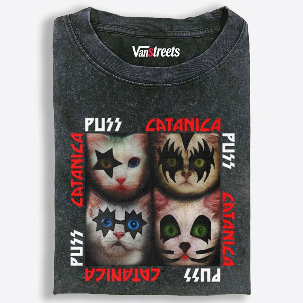 Puss Catanica Retro Washed T-Shirt | 100% Cotton | Streetwear Essential