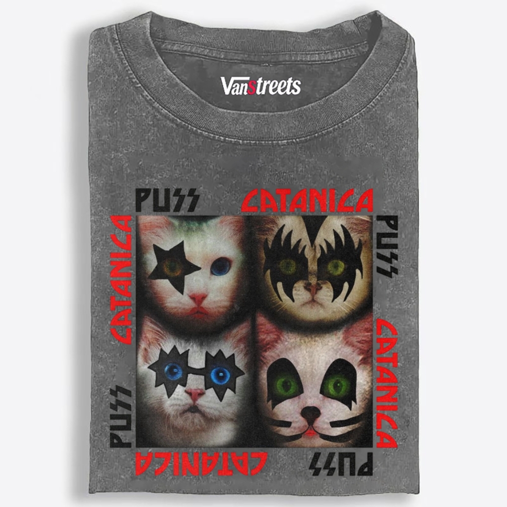 Puss Catanica Retro Washed T-Shirt | 100% Cotton | Streetwear Essential