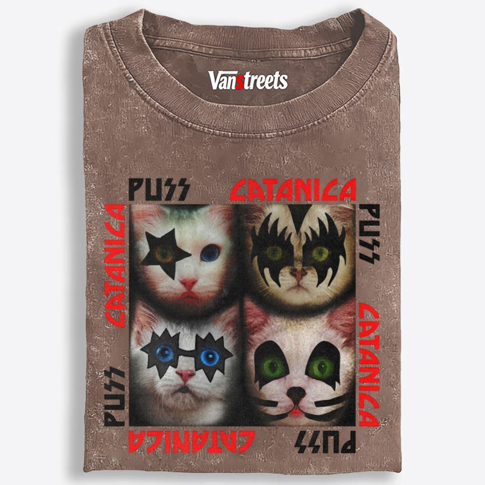 Puss Catanica Retro Washed T-Shirt | 100% Cotton | Streetwear Essential