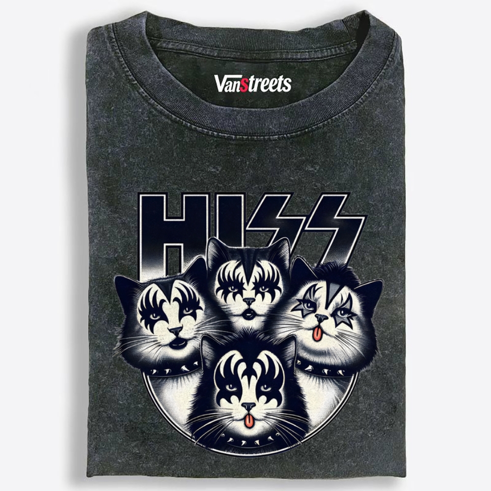 HISS: Cat Rock Legends Retro Washed T-Shirt | 100% Cotton | Streetwear Essential