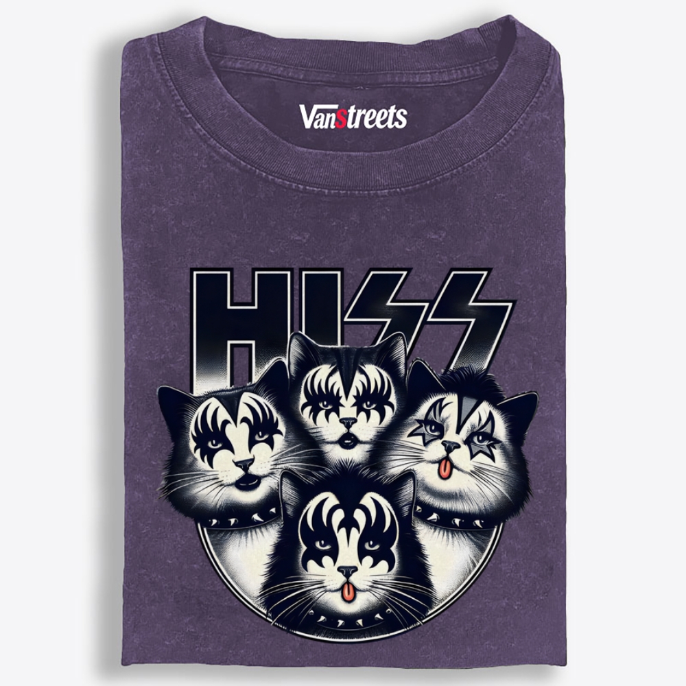 HISS: Cat Rock Legends Retro Washed T-Shirt | 100% Cotton | Streetwear Essential