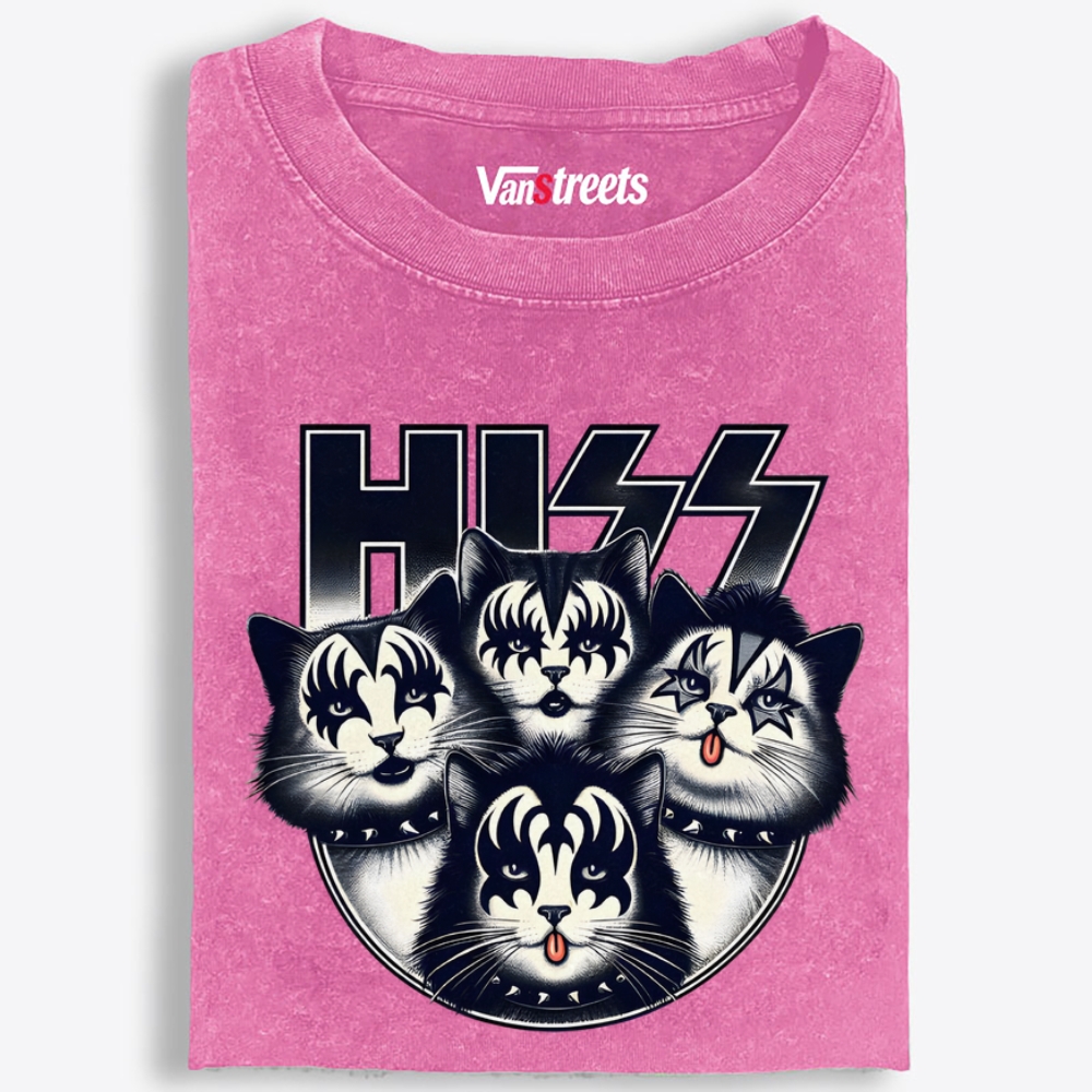 HISS: Cat Rock Legends Retro Washed T-Shirt | 100% Cotton | Streetwear Essential