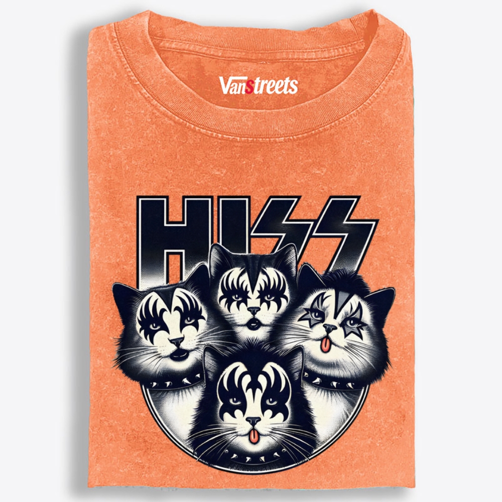 HISS: Cat Rock Legends Retro Washed T-Shirt | 100% Cotton | Streetwear Essential