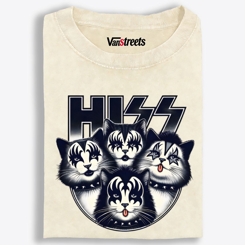 HISS: Cat Rock Legends Retro Washed T-Shirt | 100% Cotton | Streetwear Essential