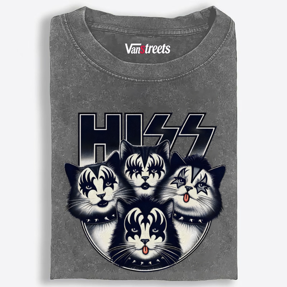 HISS: Cat Rock Legends Retro Washed T-Shirt | 100% Cotton | Streetwear Essential