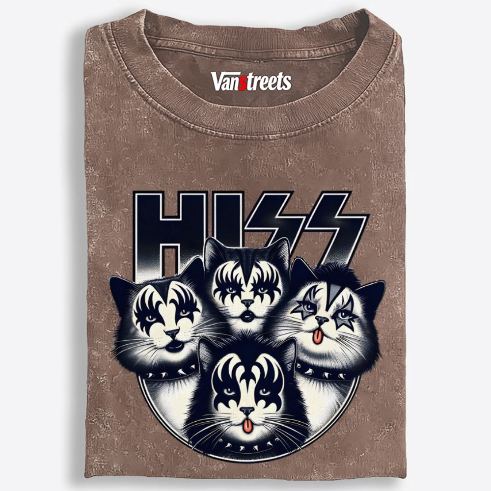 HISS: Cat Rock Legends Retro Washed T-Shirt | 100% Cotton | Streetwear Essential