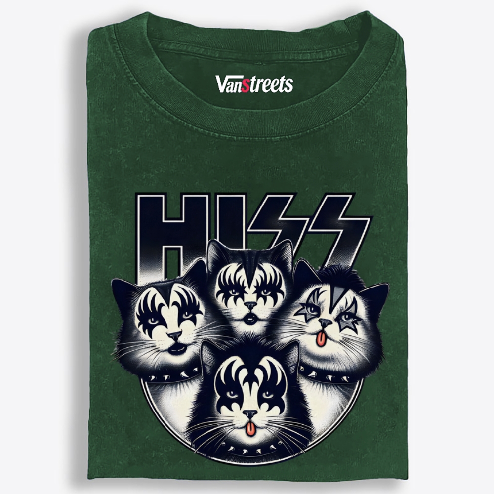 HISS: Cat Rock Legends Retro Washed T-Shirt | 100% Cotton | Streetwear Essential