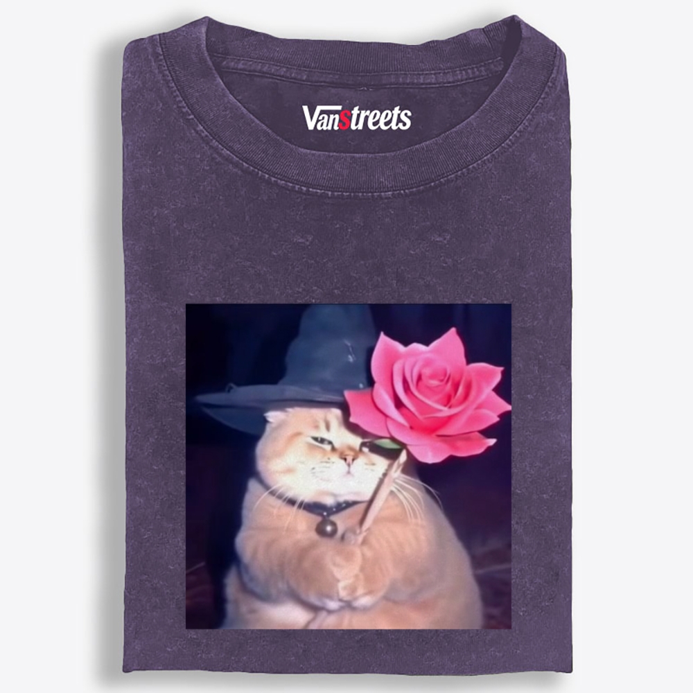 Wizard Cat with Rose Retro Washed T-Shirt | 100% Cotton | Streetwear Essential