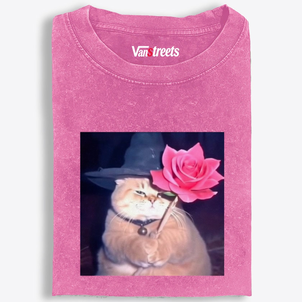 Wizard Cat with Rose Retro Washed T-Shirt | 100% Cotton | Streetwear Essential