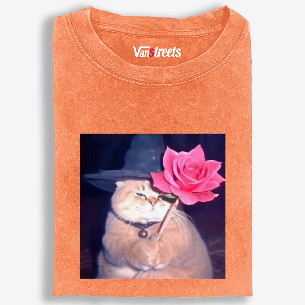 Wizard Cat with Rose Retro Washed T-Shirt | 100% Cotton | Streetwear Essential