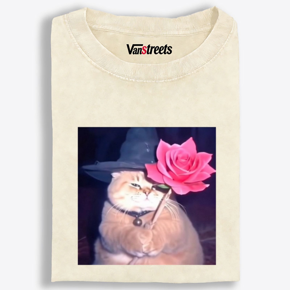 Wizard Cat with Rose Retro Washed T-Shirt | 100% Cotton | Streetwear Essential