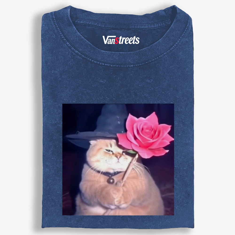 Wizard Cat with Rose Retro Washed T-Shirt | 100% Cotton | Streetwear Essential