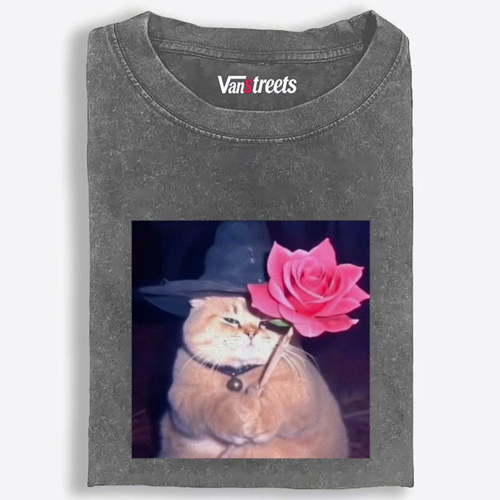 Wizard Cat with Rose Retro Washed T-Shirt | 100% Cotton | Streetwear Essential