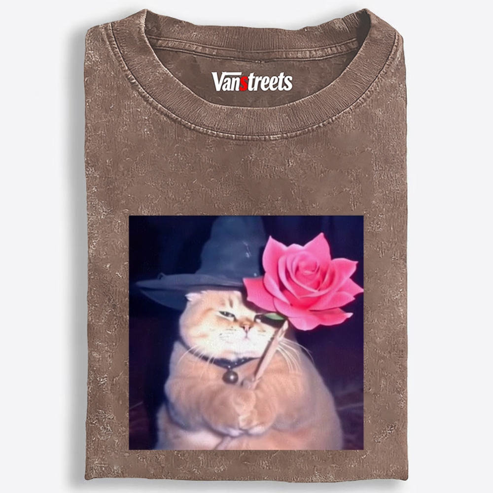 Wizard Cat with Rose Retro Washed T-Shirt | 100% Cotton | Streetwear Essential