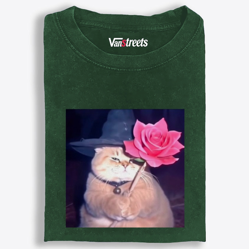 Wizard Cat with Rose Retro Washed T-Shirt | 100% Cotton | Streetwear Essential