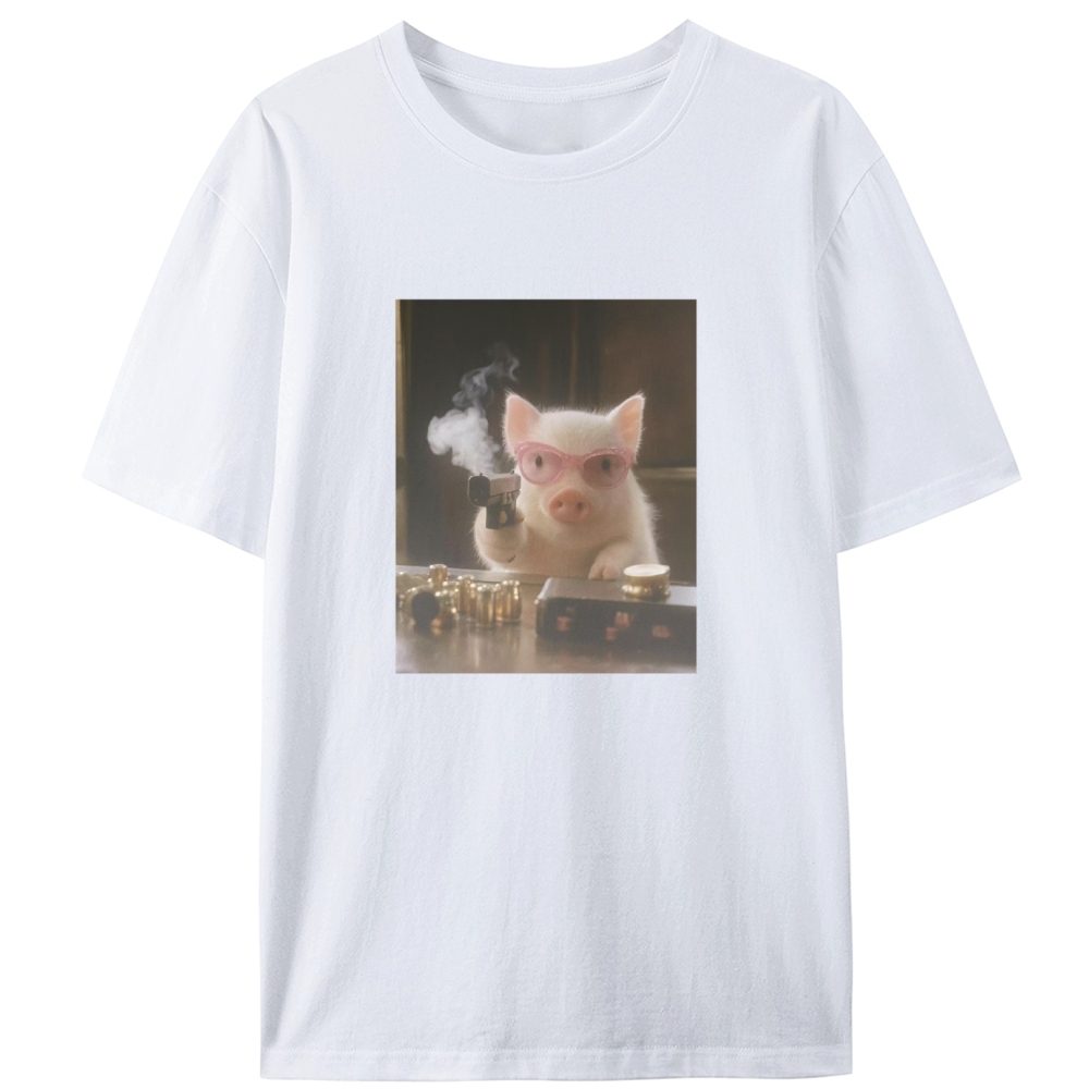 Pink Shades Gun Pig Retro Designed for Women - Slim Fit Cotton Tee