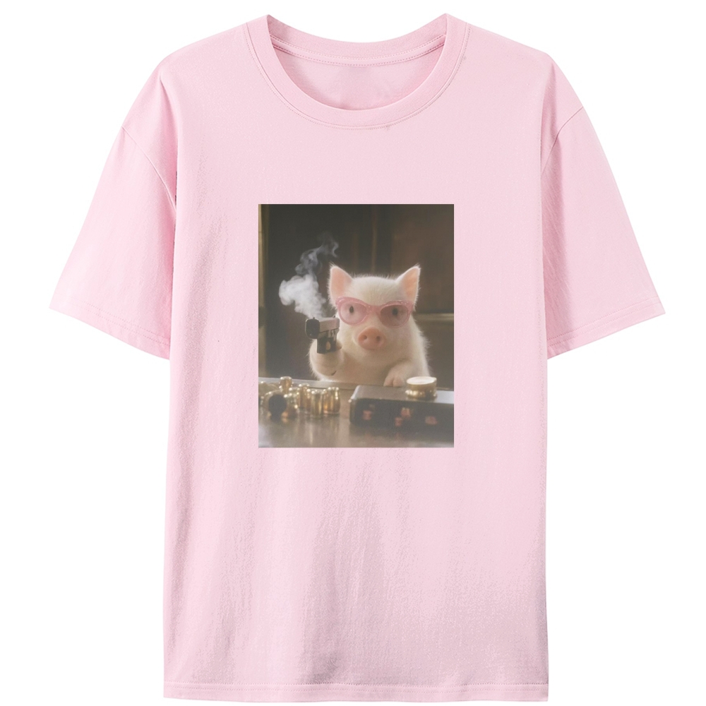 Pink Shades Gun Pig Retro Designed for Women - Slim Fit Cotton Tee