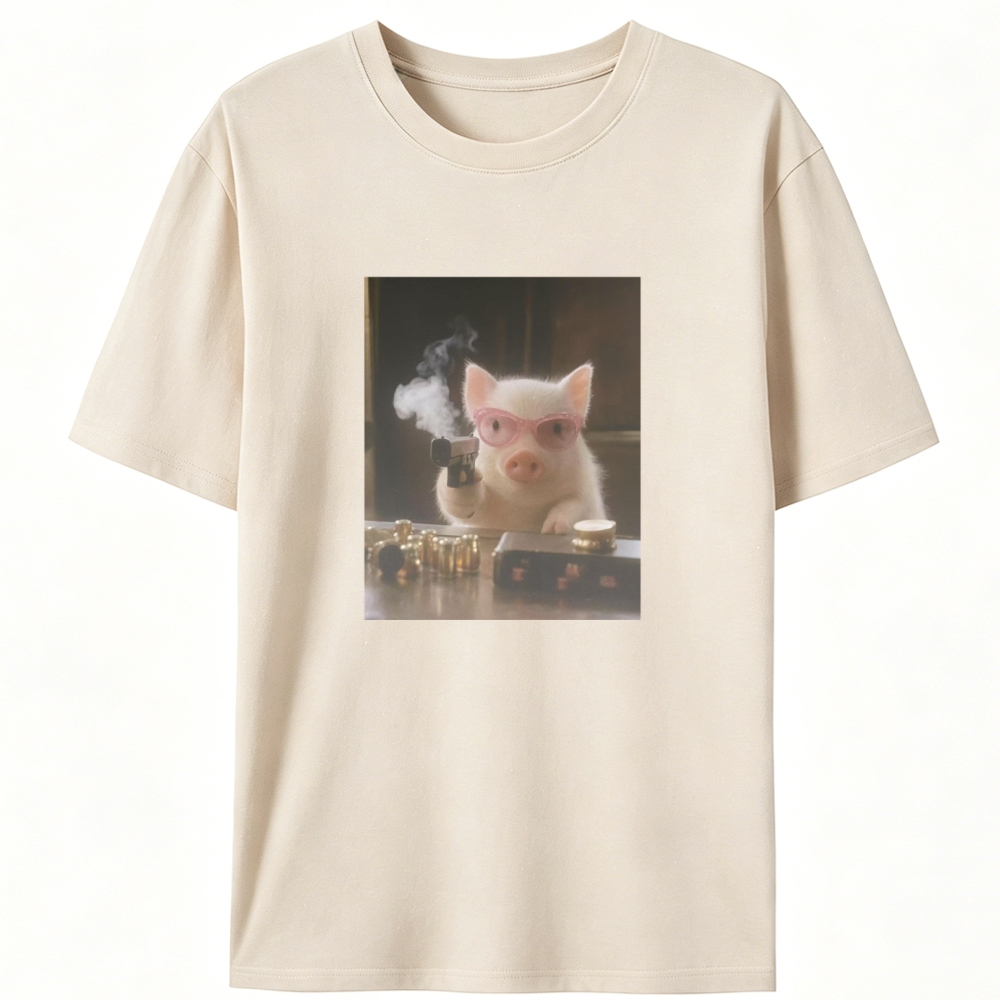 Pink Shades Gun Pig Retro Designed for Women - Slim Fit Cotton Tee
