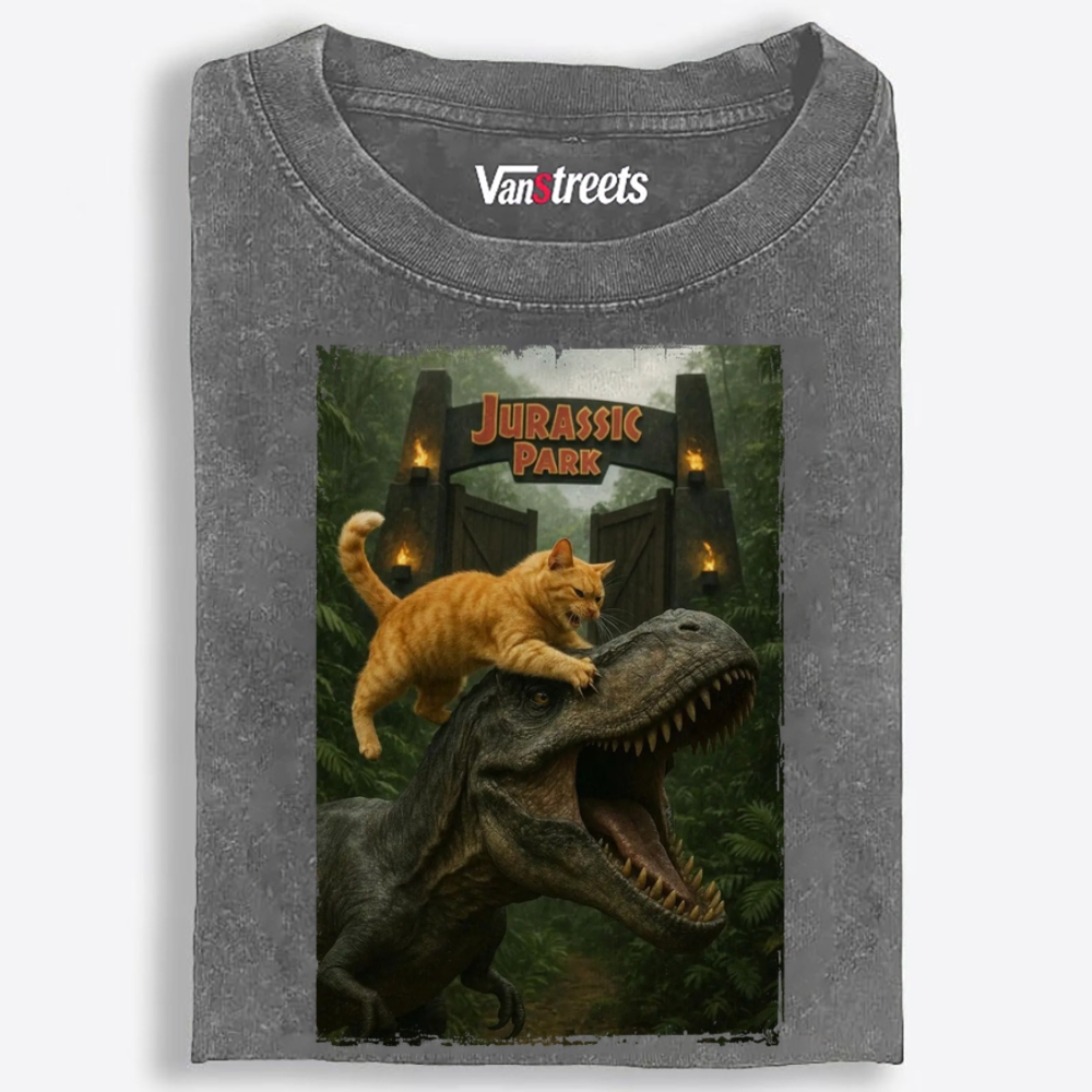 Jurassic Park Cat Parody Retro Washed T-Shirt | 100% Cotton | Streetwear Essential