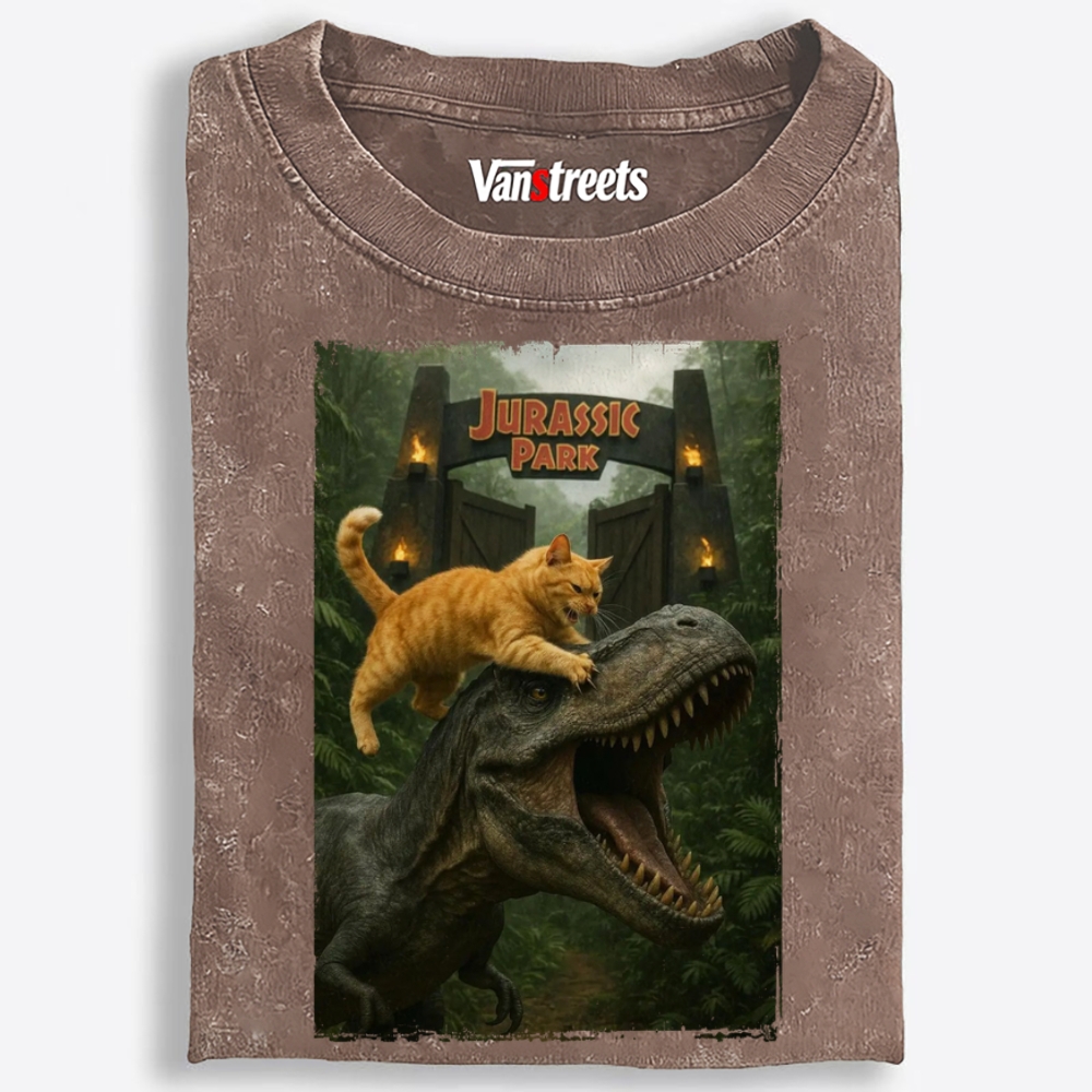 Jurassic Park Cat Parody Retro Washed T-Shirt | 100% Cotton | Streetwear Essential