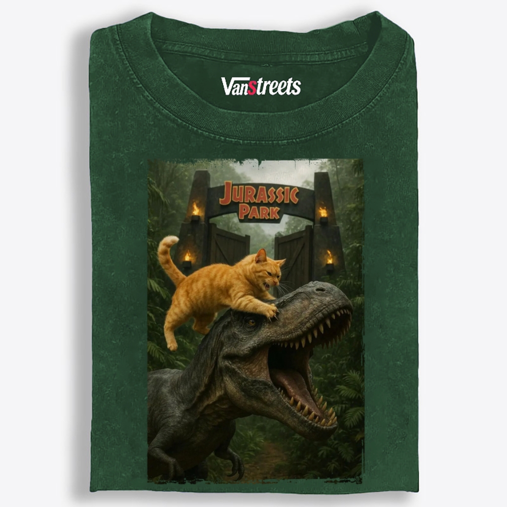 Jurassic Park Cat Parody Retro Washed T-Shirt | 100% Cotton | Streetwear Essential