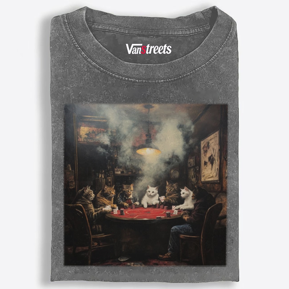 Midnight Poker Cats Club Vintage Graphic Edition Retro Washed T-Shirt | 100% Cotton | Streetwear Essential