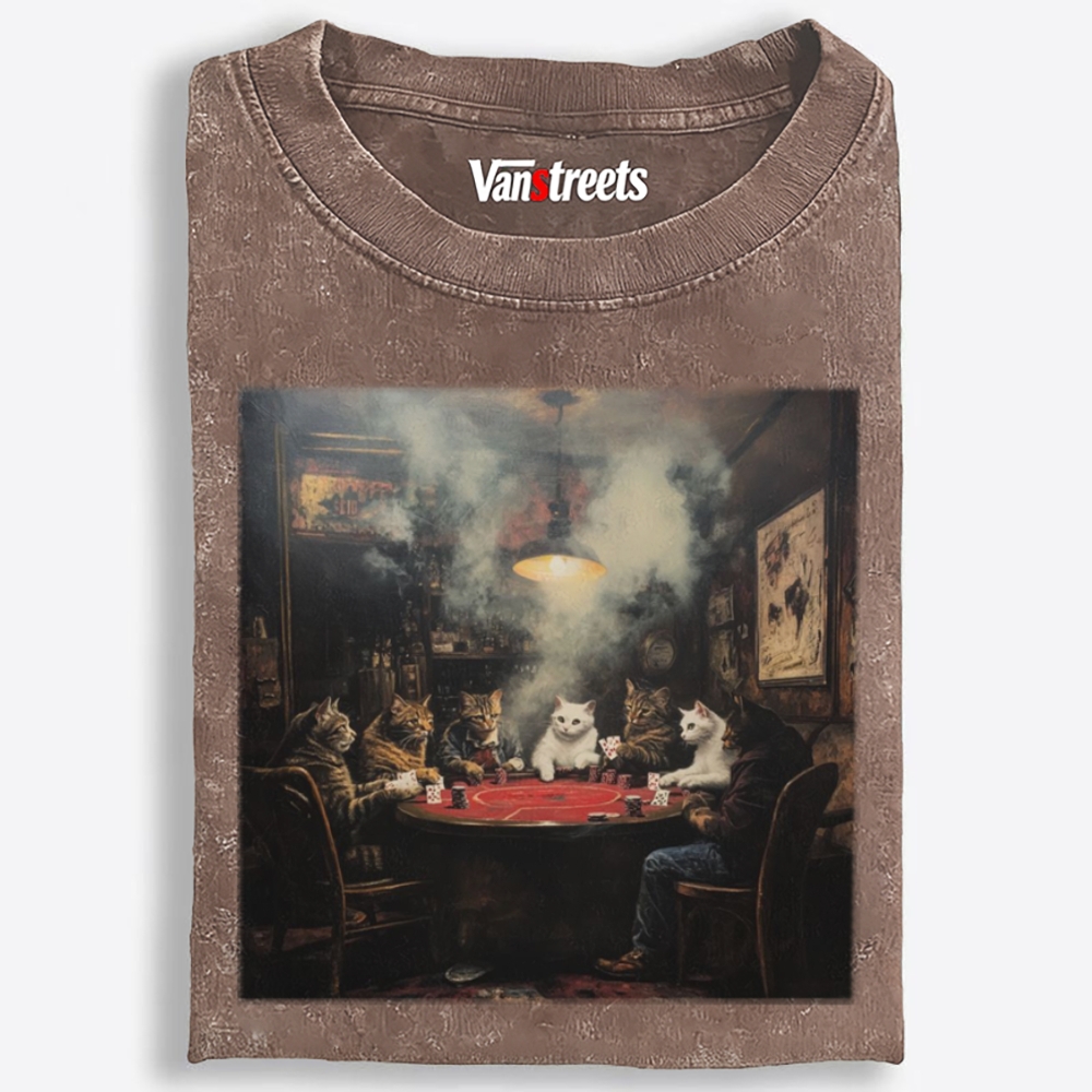 Midnight Poker Cats Club Vintage Graphic Edition Retro Washed T-Shirt | 100% Cotton | Streetwear Essential