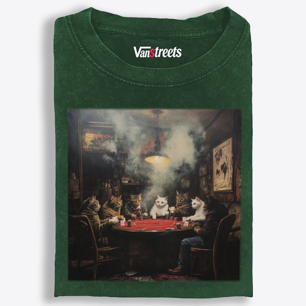 Midnight Poker Cats Club Vintage Graphic Edition Retro Washed T-Shirt | 100% Cotton | Streetwear Essential