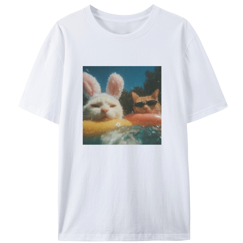 Pool Vibes Cat & Bunny Retro Designed for Women - Slim Fit Cotton Tee