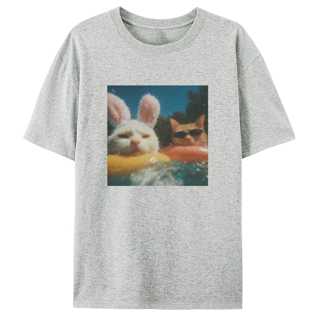 Pool Vibes Cat & Bunny Retro Designed for Women - Slim Fit Cotton Tee