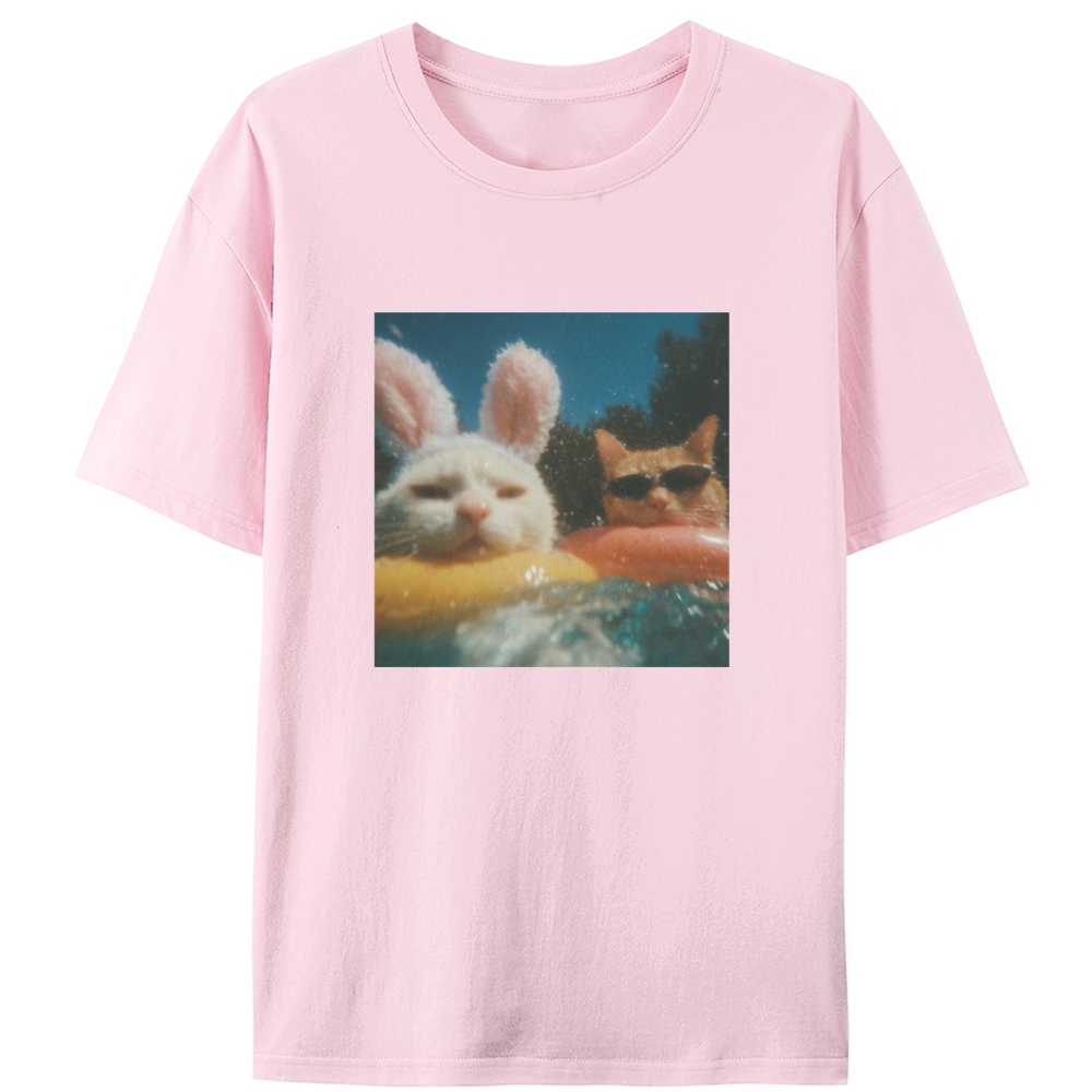 Pool Vibes Cat & Bunny Retro Designed for Women - Slim Fit Cotton Tee
