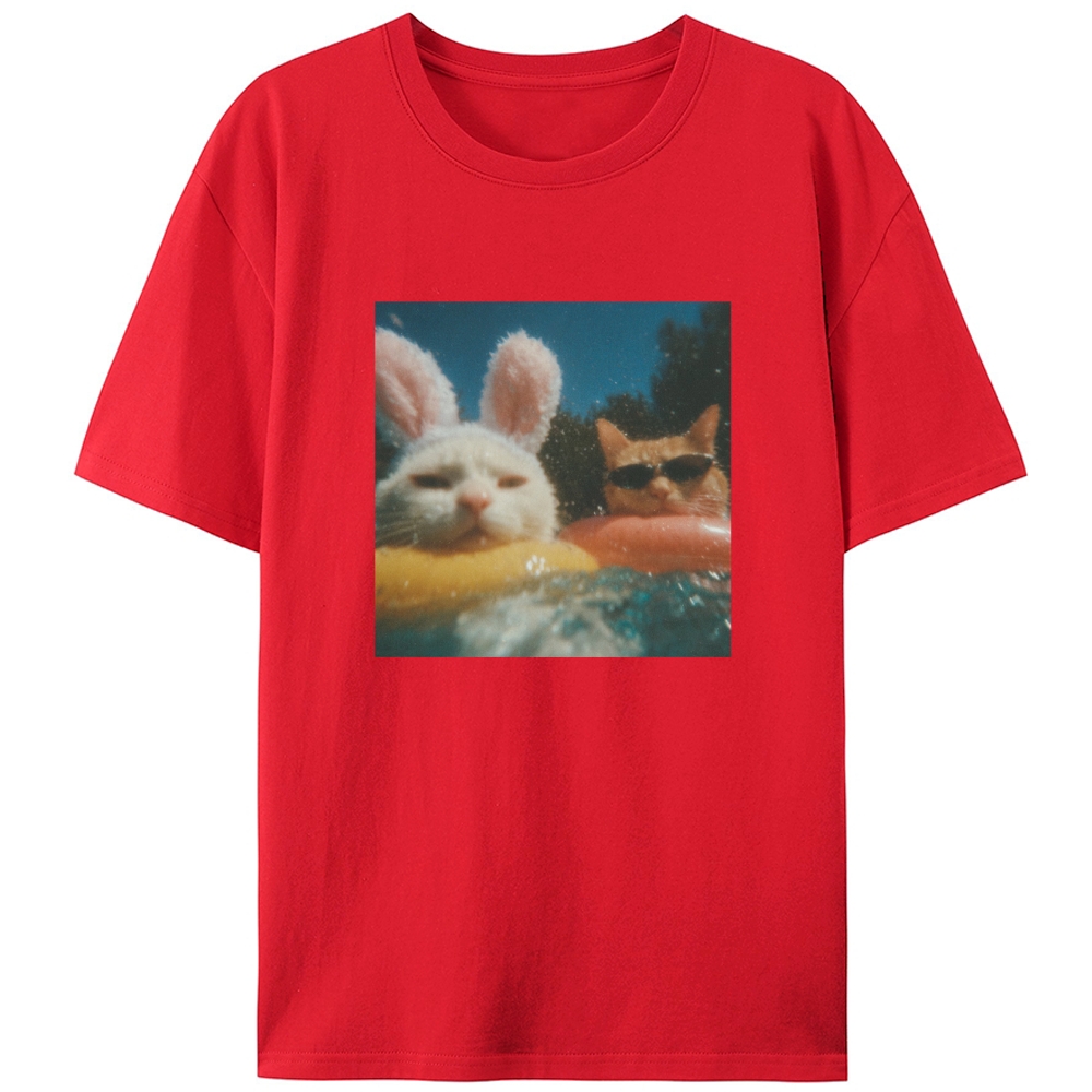 Pool Vibes Cat & Bunny Retro Designed for Women - Slim Fit Cotton Tee