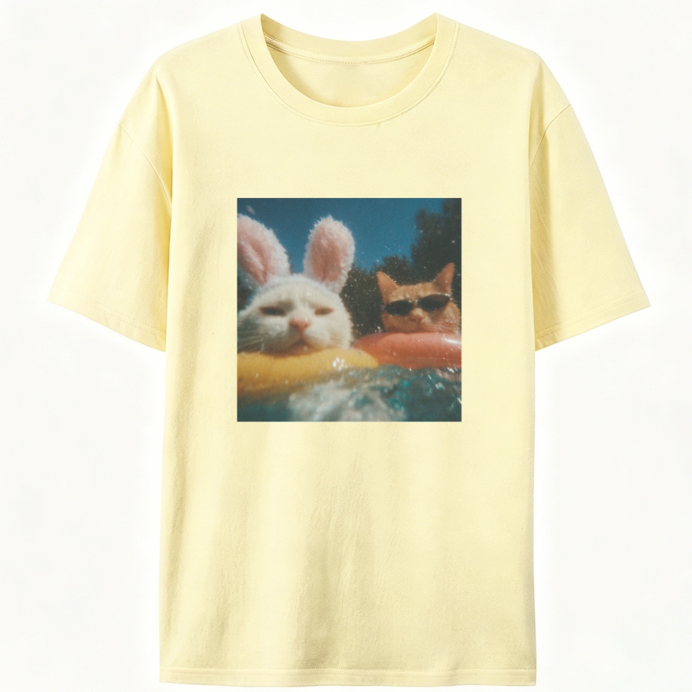 Pool Vibes Cat & Bunny Retro Designed for Women - Slim Fit Cotton Tee