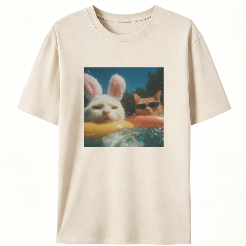 Pool Vibes Cat & Bunny Retro Designed for Women - Slim Fit Cotton Tee