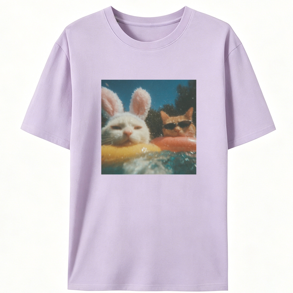 Pool Vibes Cat & Bunny Retro Designed for Women - Slim Fit Cotton Tee