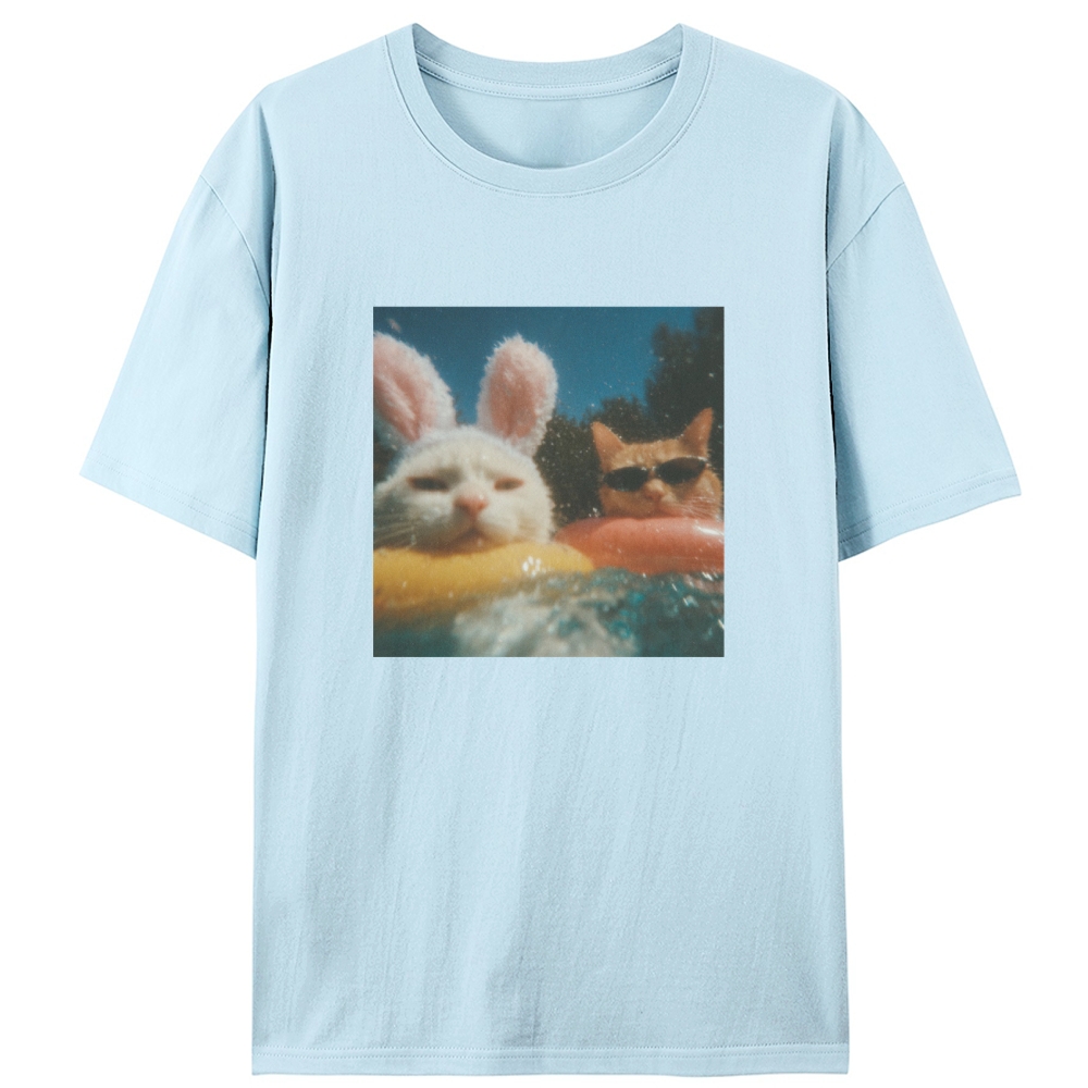Pool Vibes Cat & Bunny Retro Designed for Women - Slim Fit Cotton Tee