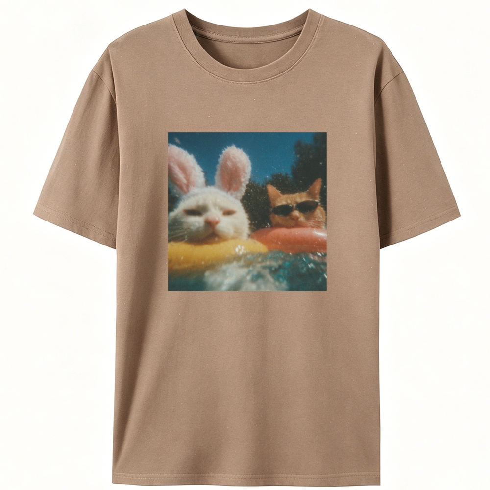 Pool Vibes Cat & Bunny Retro Designed for Women - Slim Fit Cotton Tee