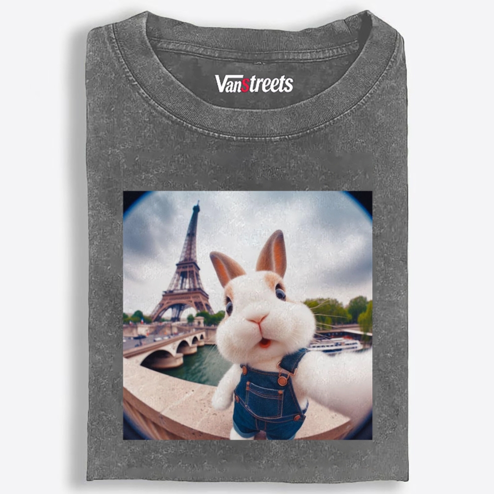 Eiffel Tower Selfie Bunny Meme Retro Washed T-Shirt | 100% Cotton | Streetwear Essential