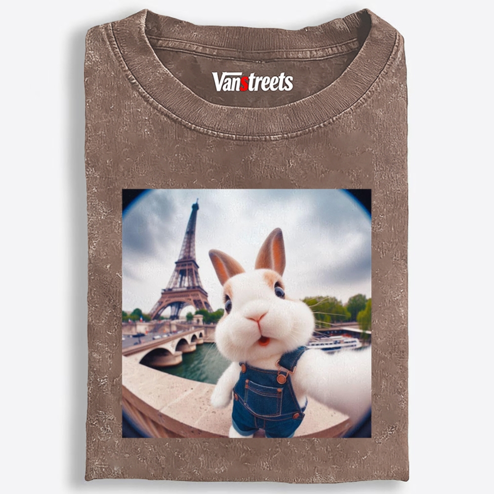 Eiffel Tower Selfie Bunny Meme Retro Washed T-Shirt | 100% Cotton | Streetwear Essential