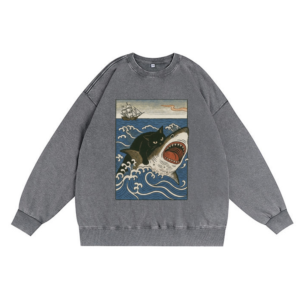 Ukiyo-e Cat Riding Shark Retro Premium Washed Cotton Crewneck Sweatshirt