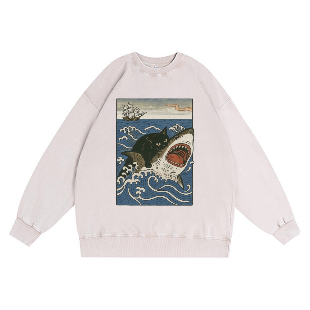 Ukiyo-e Cat Riding Shark Retro Premium Washed Cotton Crewneck Sweatshirt