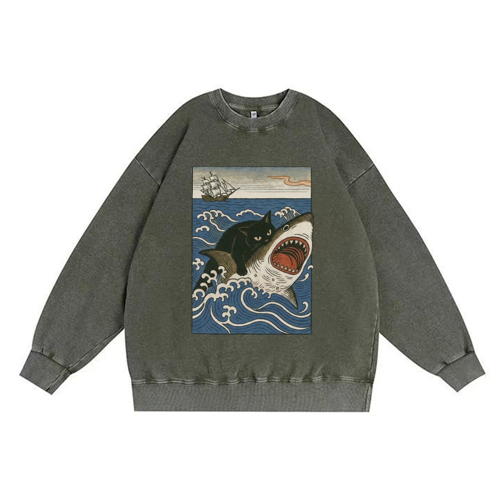 Ukiyo-e Cat Riding Shark Retro Premium Washed Cotton Crewneck Sweatshirt