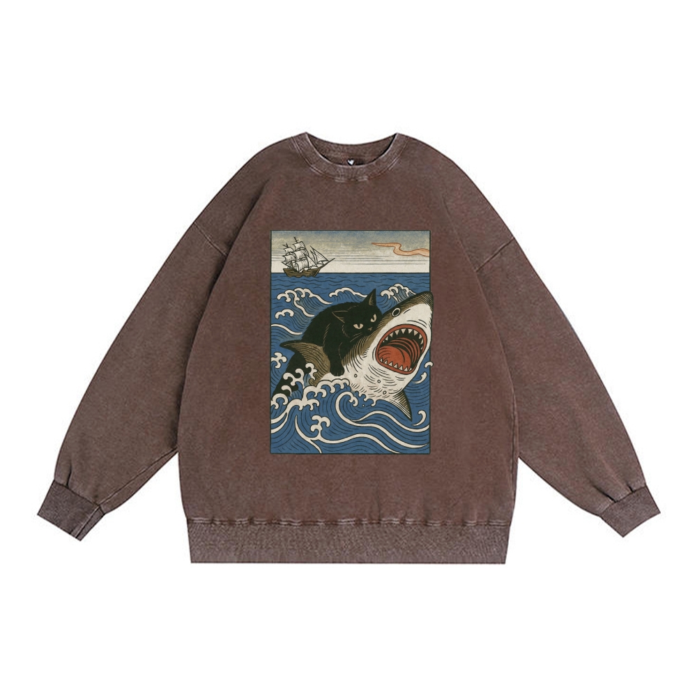 Ukiyo-e Cat Riding Shark Retro Premium Washed Cotton Crewneck Sweatshirt