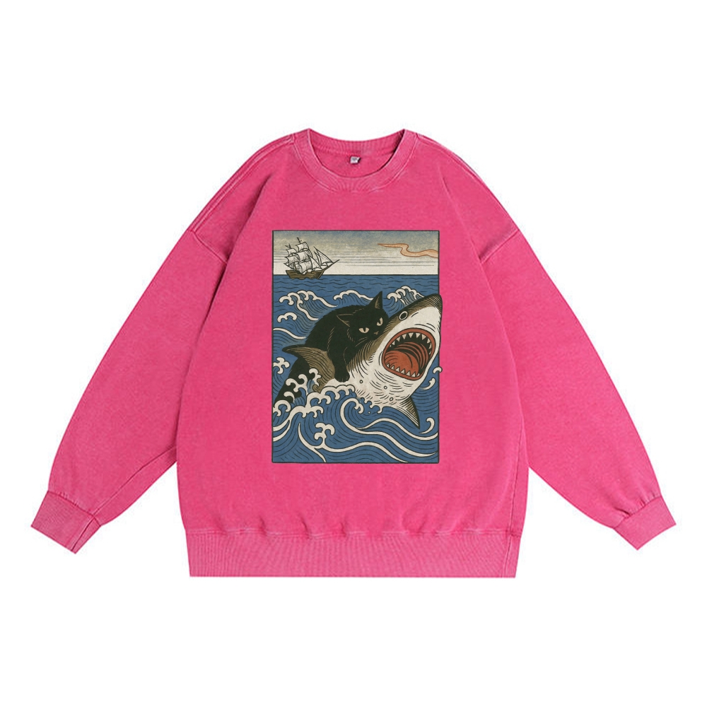 Ukiyo-e Cat Riding Shark Retro Premium Washed Cotton Crewneck Sweatshirt